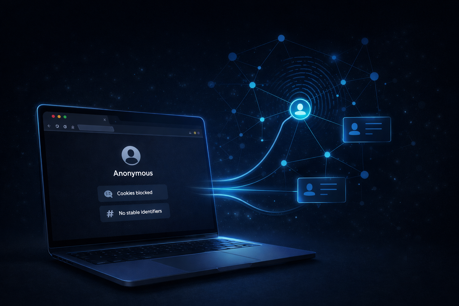 Server-side fingerprinting illustration showing anonymous user session linked through network connections and device signals