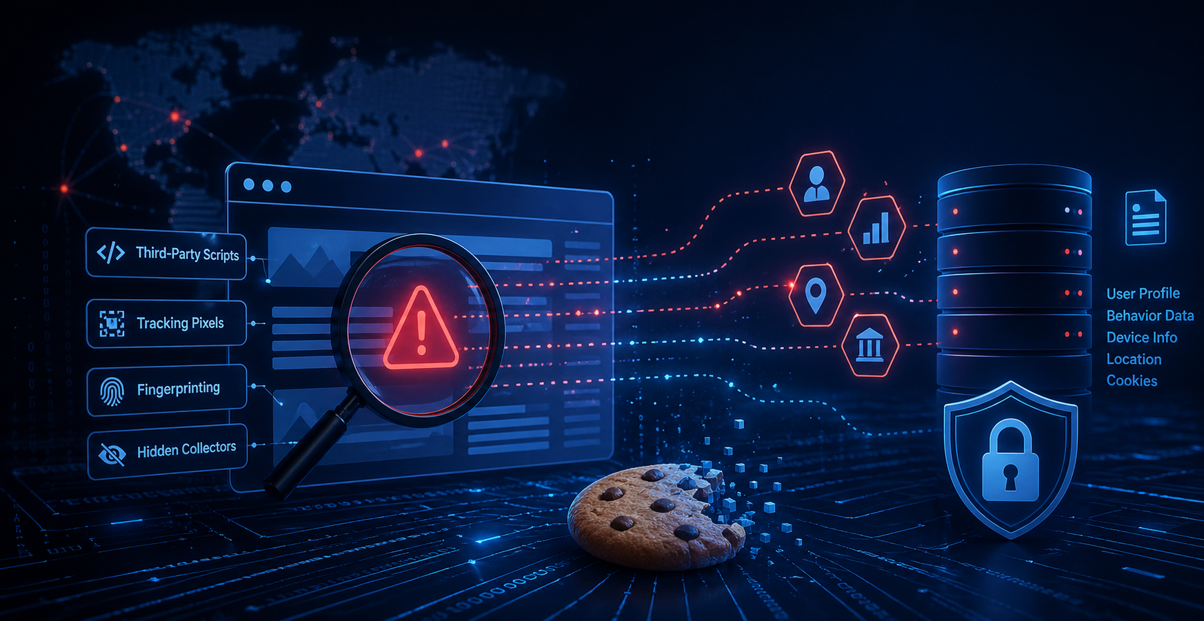 Visualization of third-party scripts, tracking pixels, fingerprinting, and cookie data flows between websites and external vendors