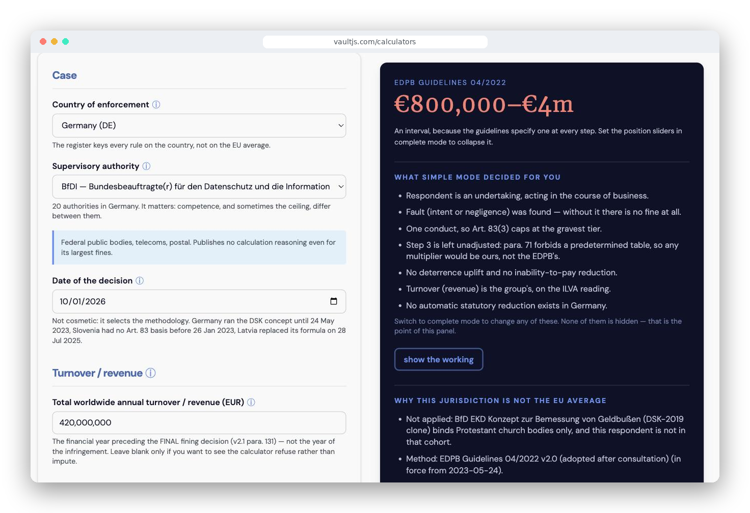 Vault JS GDPR fine calculator showing a Germany case with a fine range of €800,000 to €4m and the rules the calculator applied